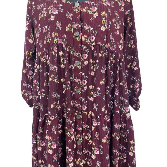 ke•ned•ik Smock Dress Floral Burgundy Button Front Tabbed Sleeve Size S - Picture 3 of 5